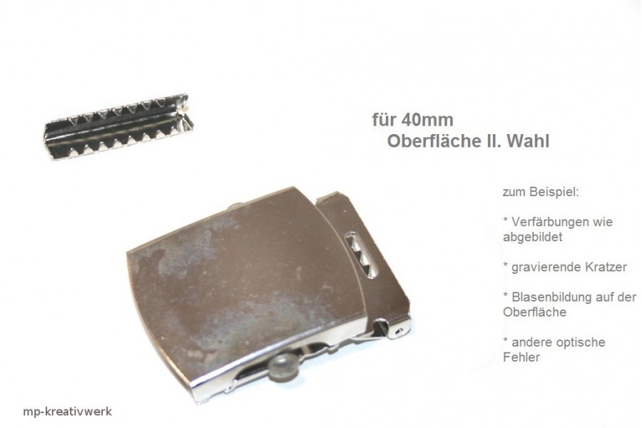 1 Stk Gürtelschließe  (EU-Prod.)  OBERFLÄCHE II. WAHL  NICKELFREI  40 mm inkl. Endstück. 